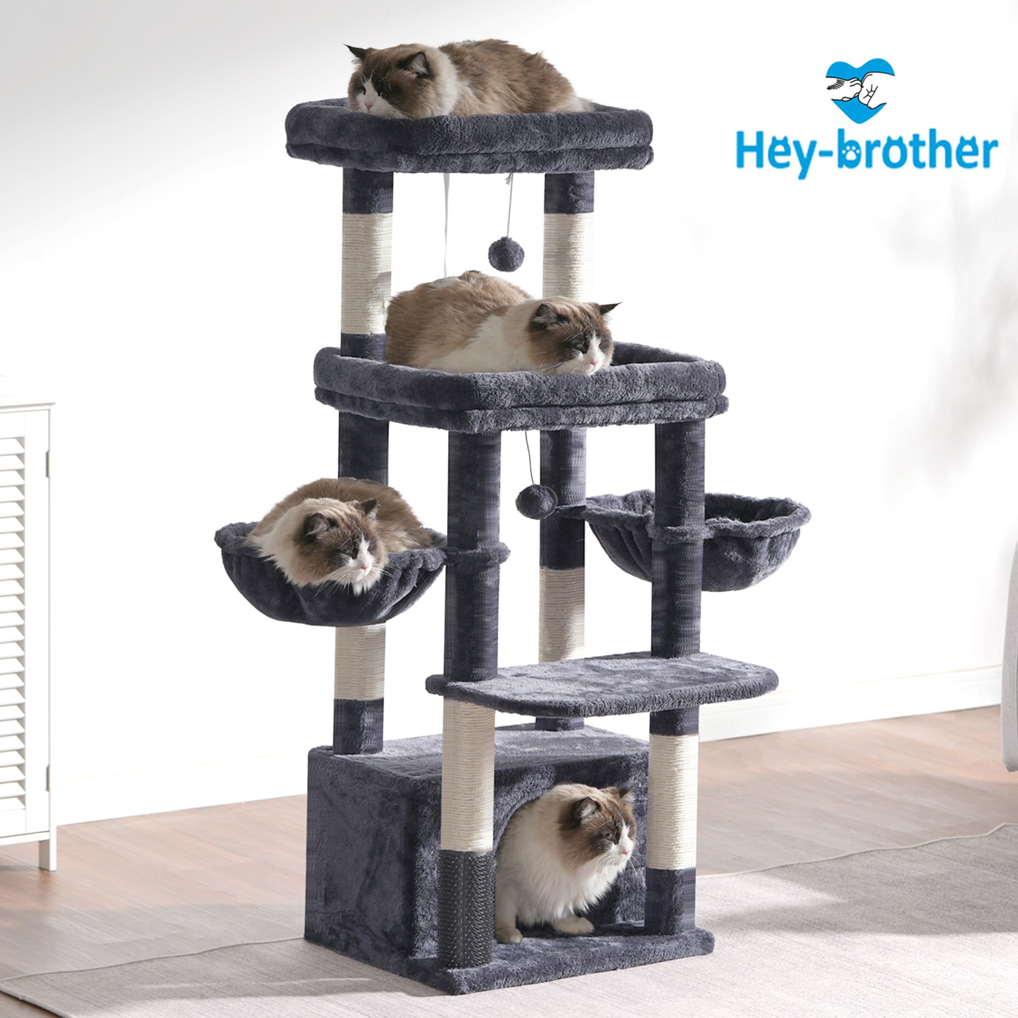 Hey-brother cat tree tower interior view shows a modern smoky gray finish.