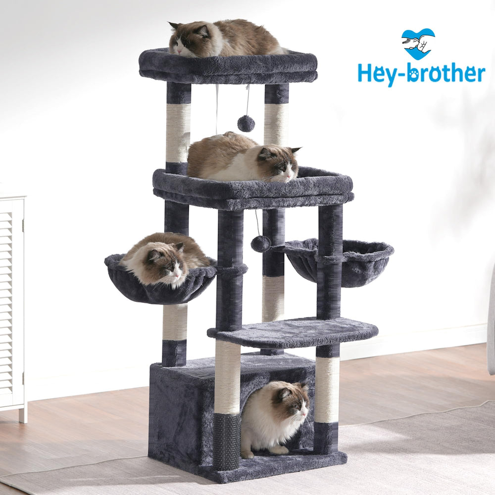 Hey-brother cat tree tower interior view shows a modern smoky gray finish.