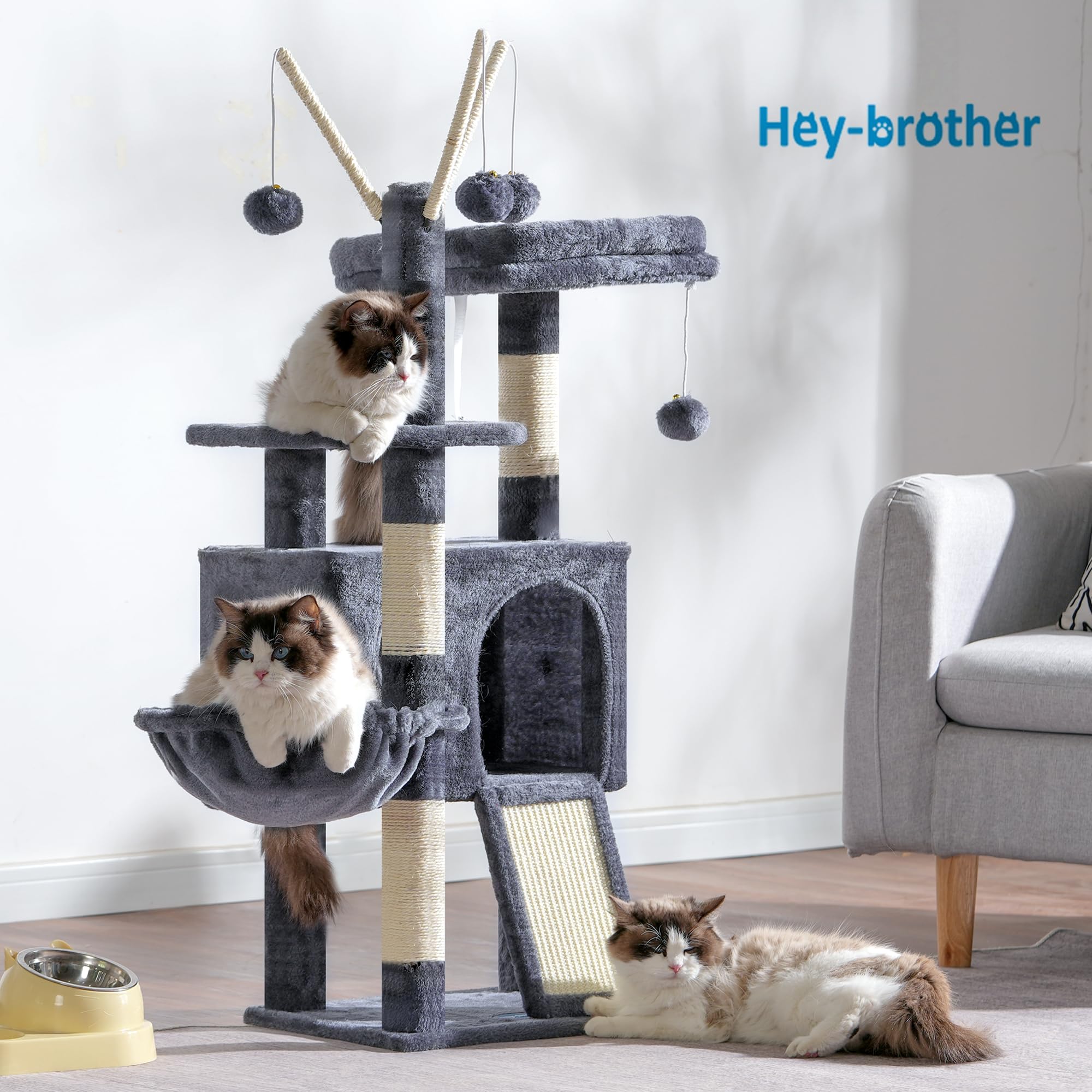 Hey-brother cat tree tower scratch board demonstrates claws sharpening area