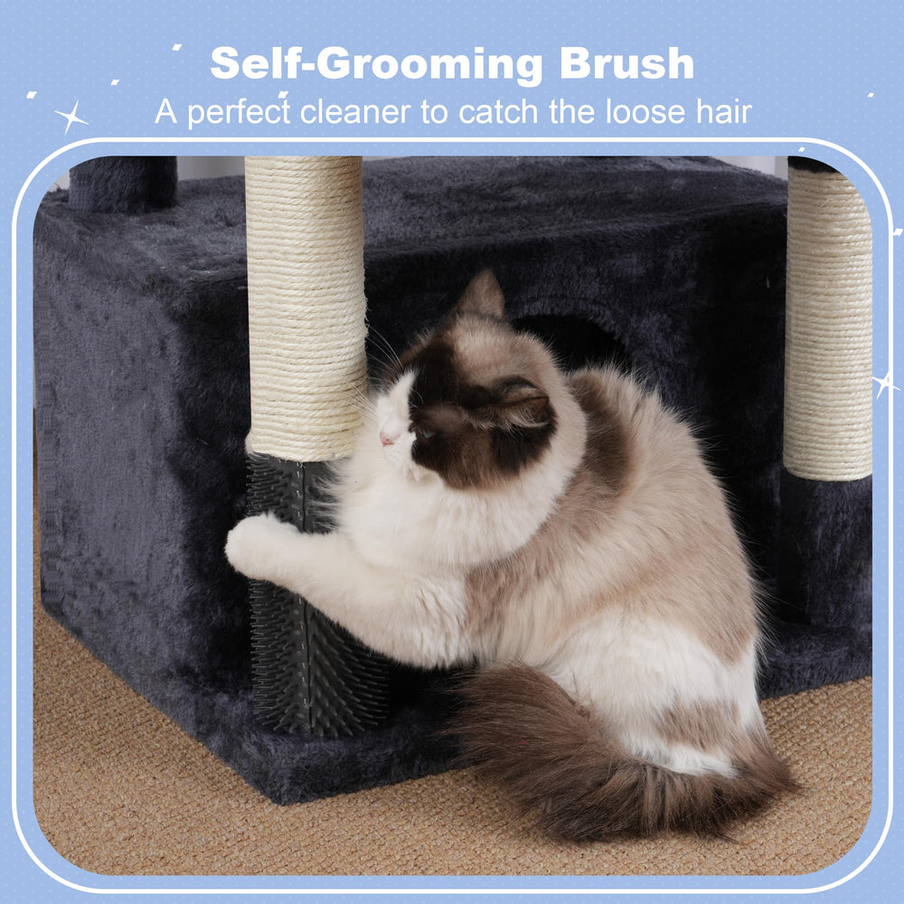 Hey-brother cat tree tower self-grooming brush offers fur grooming with gentle massage.