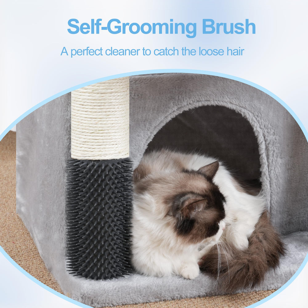 Hey-brother cat tree tower self-grooming brush with fur grooming massage