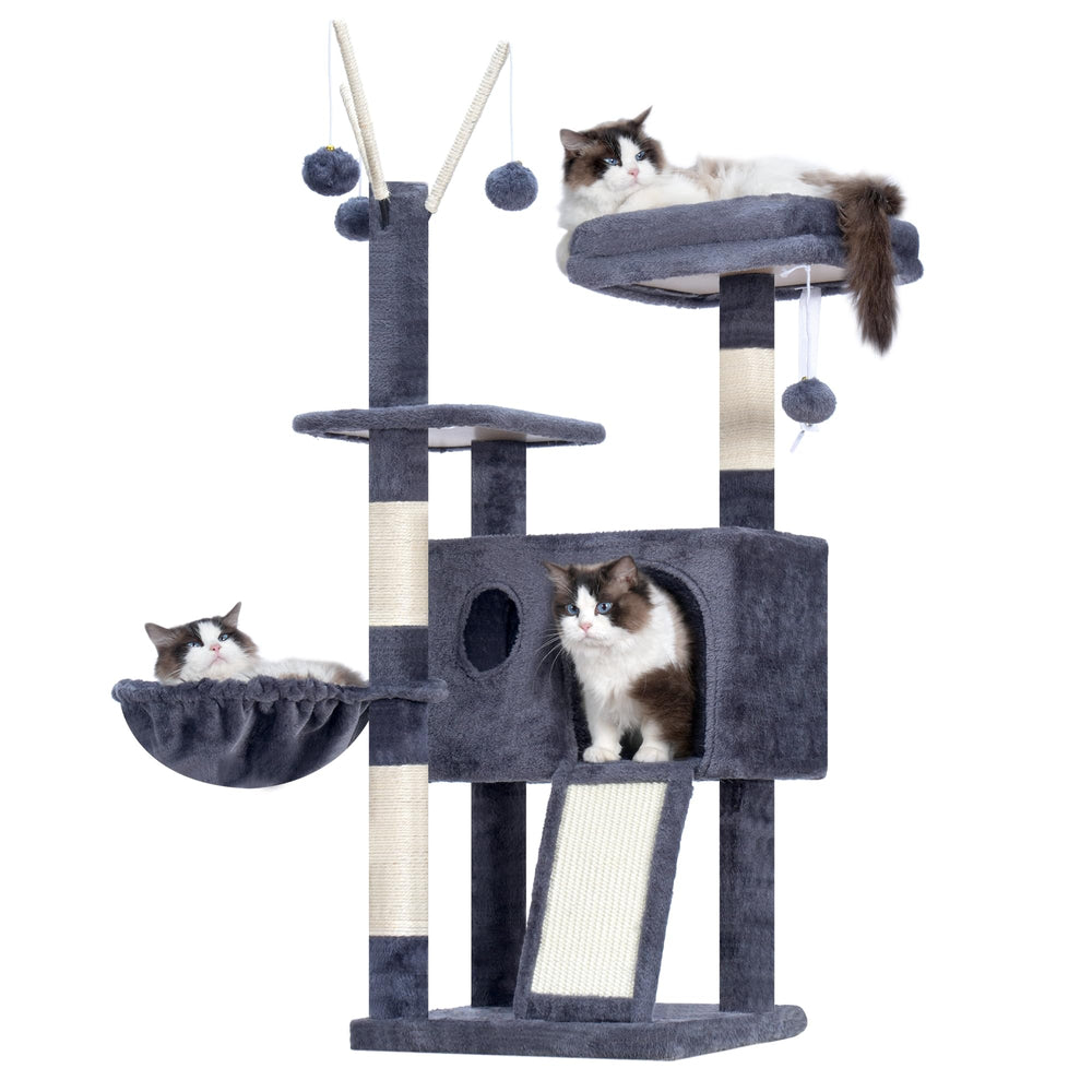 Hey-brother cat tree tower side view demonstrates sturdy height for climbing and observation