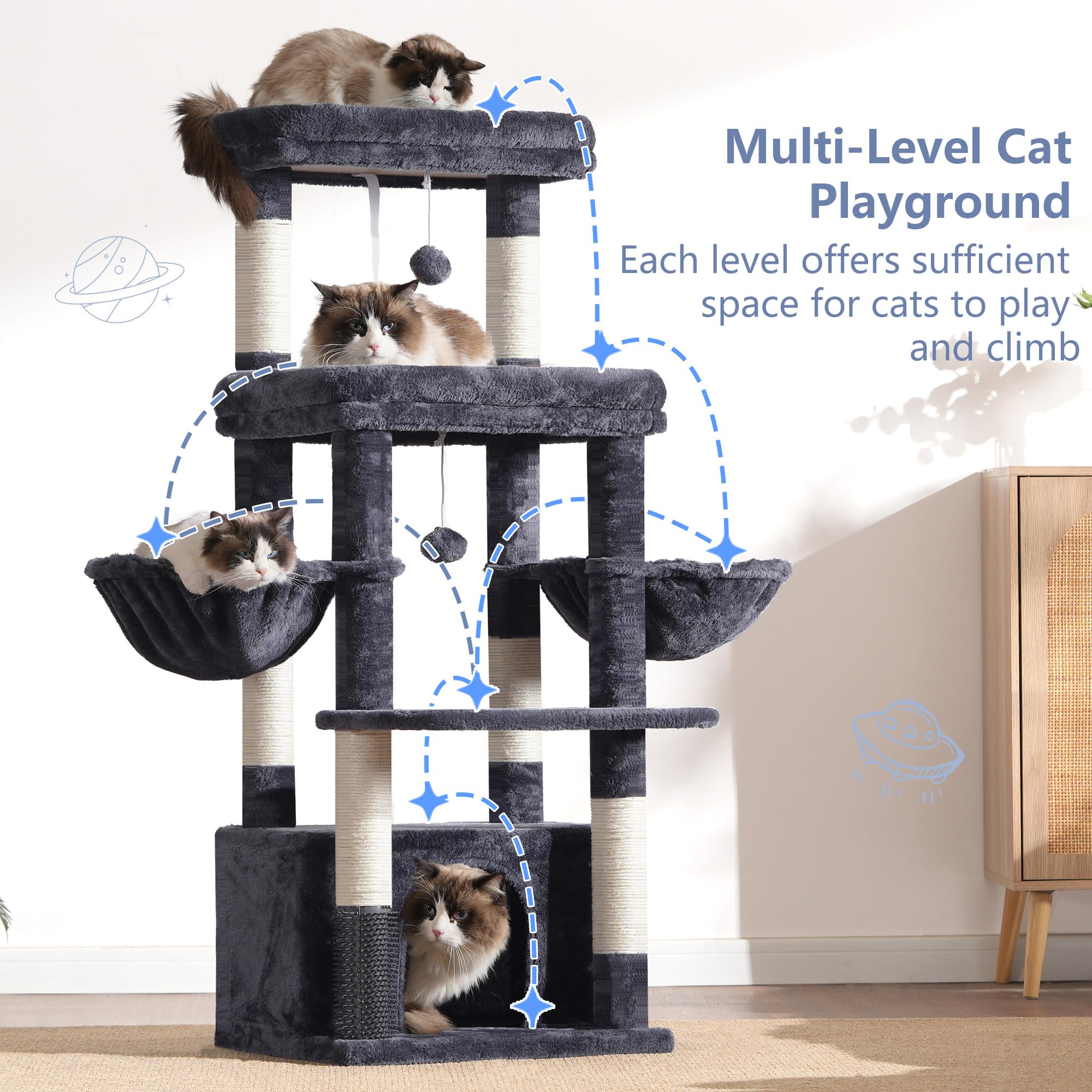 Hey-brother cat tree tower wooden base supports stability even with multiple climbers.