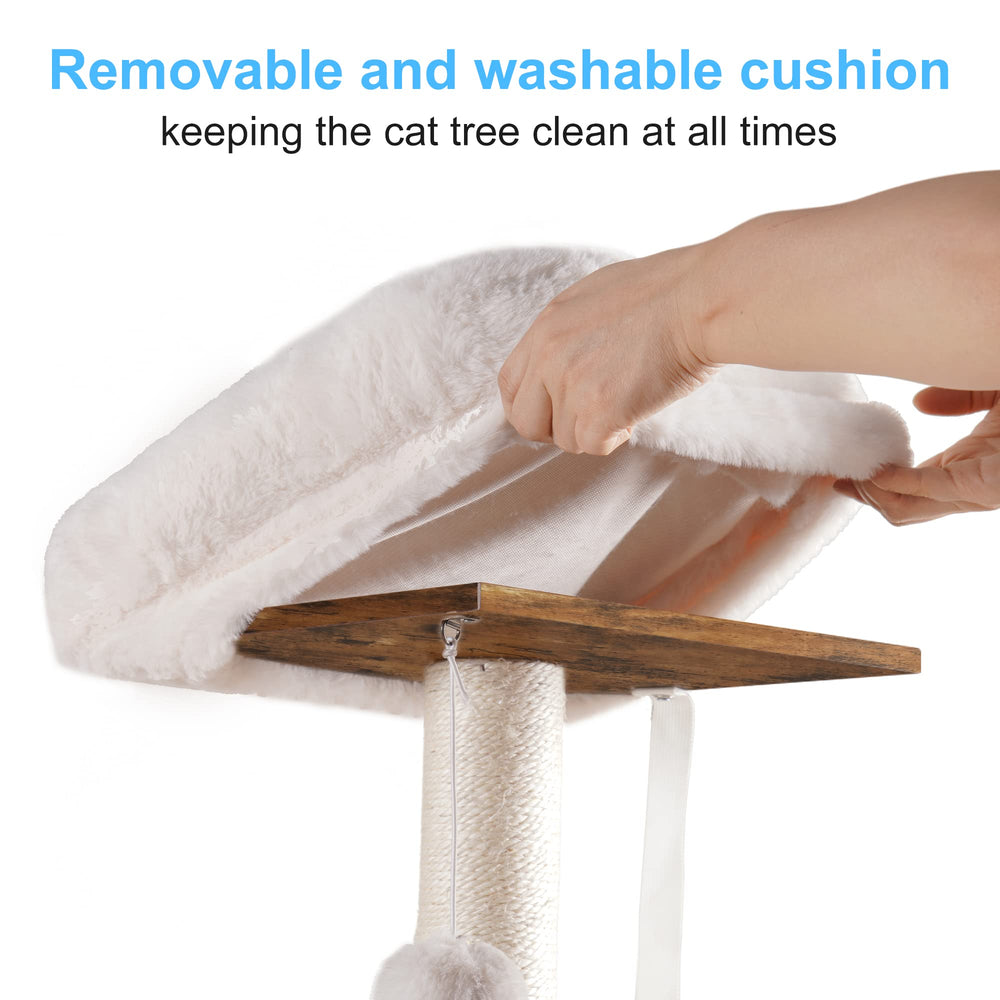 Hey-brother wooden cat tree removable cushion top offers soft, easy-clean comfort.