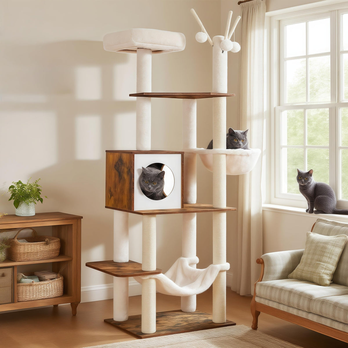 Hey-brother wooden cat tree in room view enhances home decor while providing vertical play.