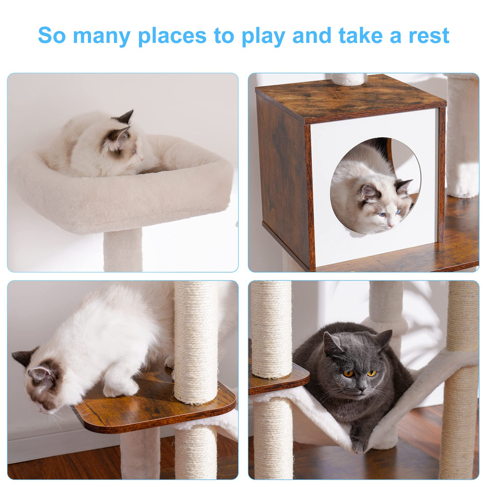 Hey-brother wooden cat tree full sisal wrapped posts invite claws and indoor scratching.