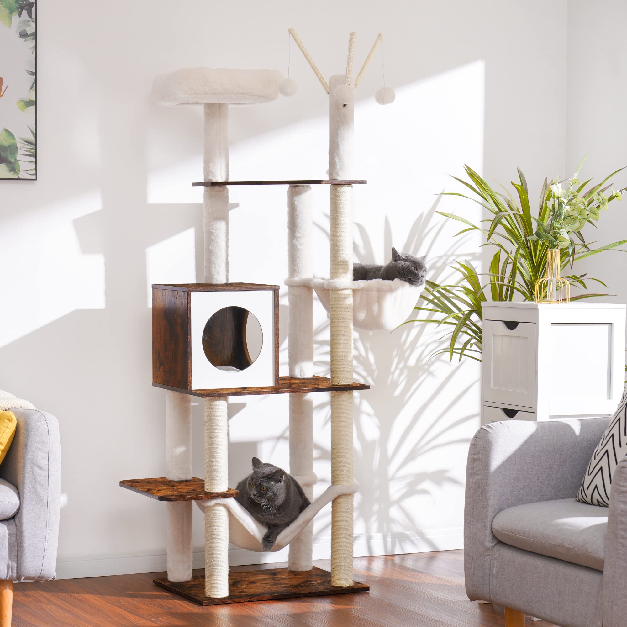 Hey-brother wooden cat tree with vintage gray finish complements interiors and hides clutter.
