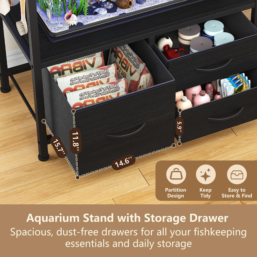 Heybly drawer storage keeps fish food and tools neatly accessible.