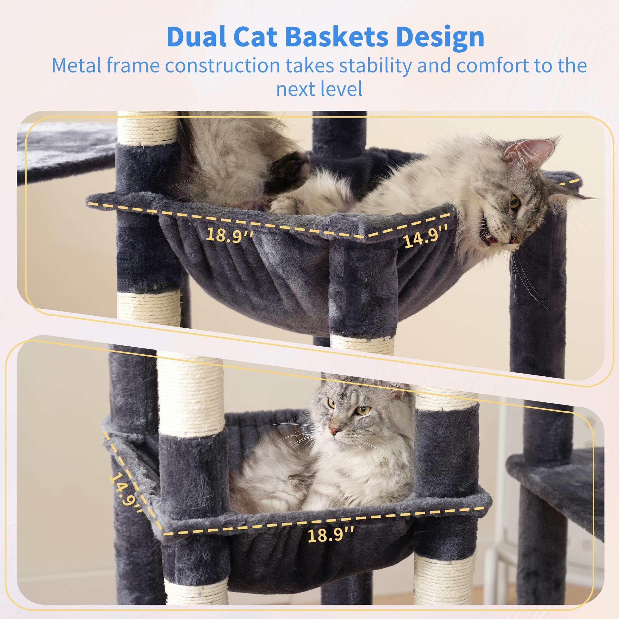 Heybly cat tree base detail highlights extra-large footprint for stability.