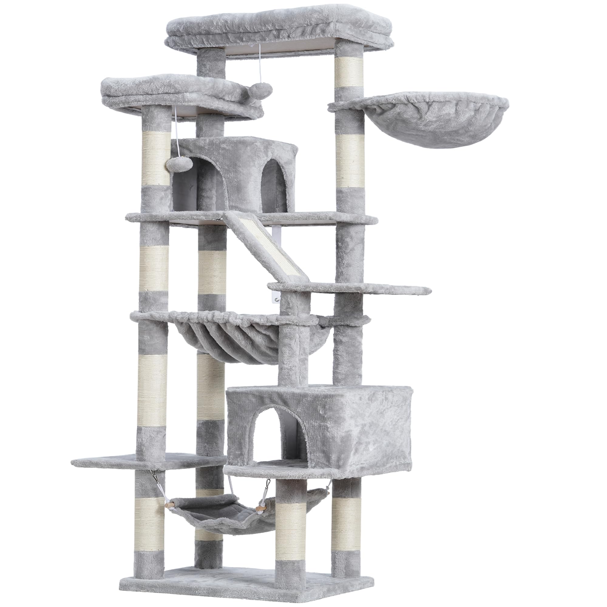 Heybly basket and pompoms showcase interactive play and cozy resting spots.
