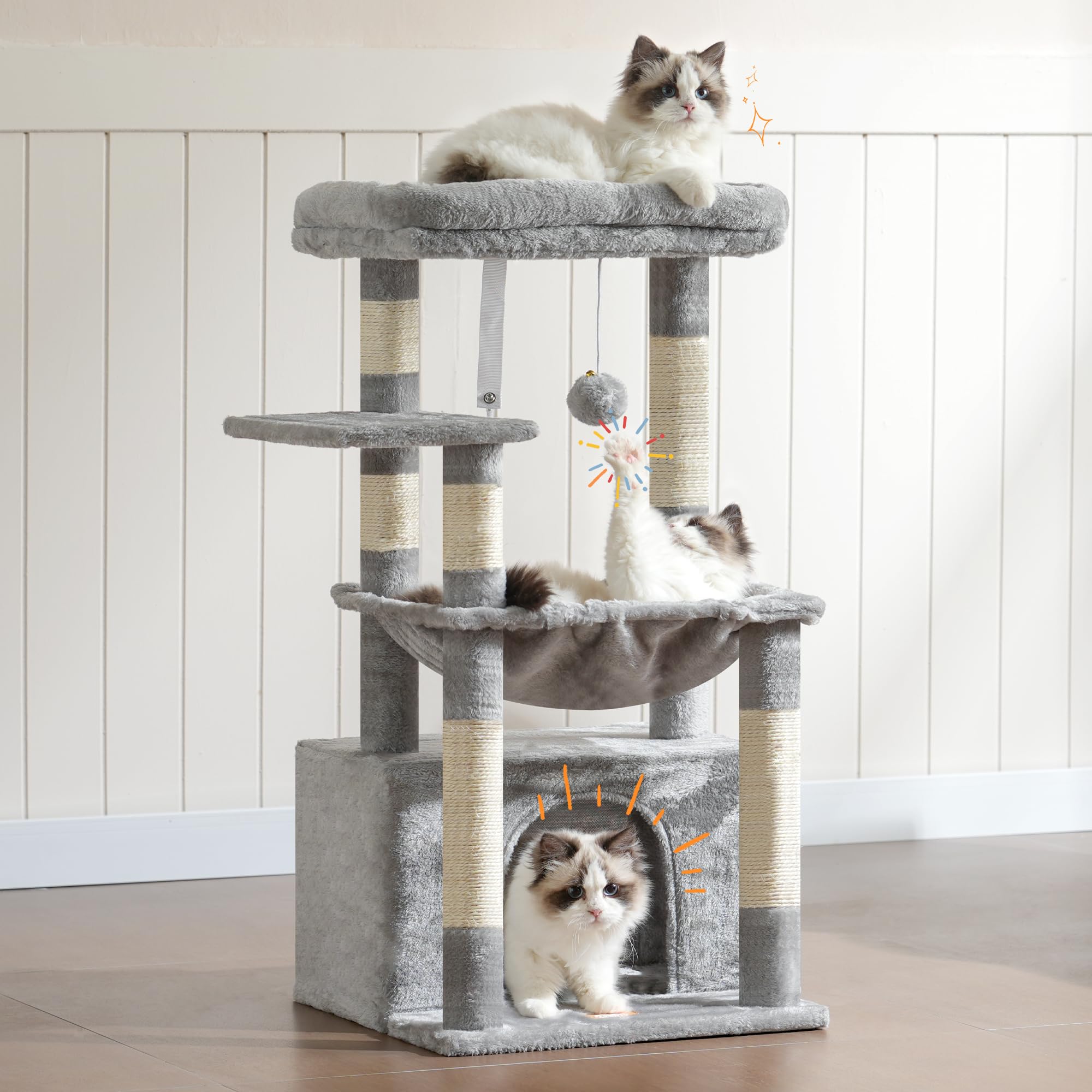 Heybly Cat Tree—cat in basket demonstrates cozy hiding spot.