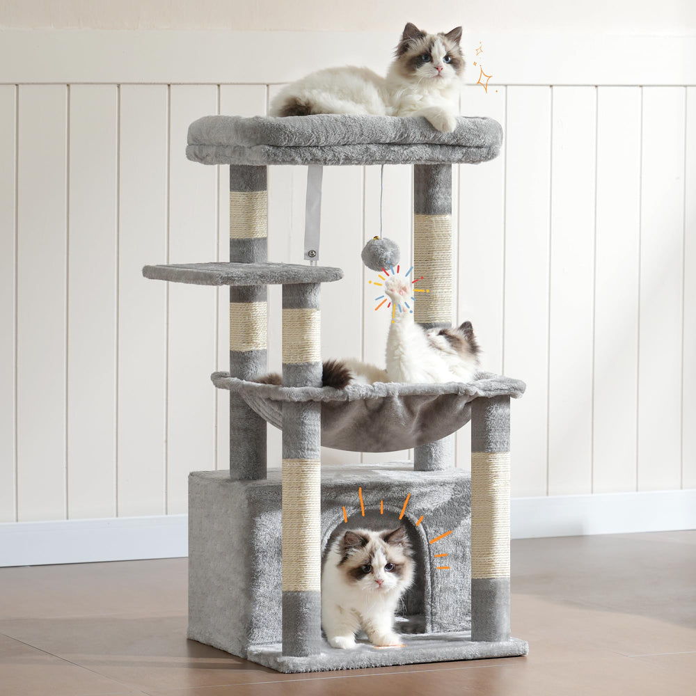 Heybly Cat Tree—cat in basket demonstrates cozy hiding spot.