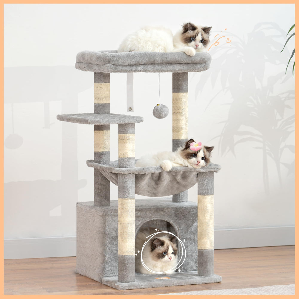 Heybly Cat Tree—dangling ball for interactive play and mental stimulation.