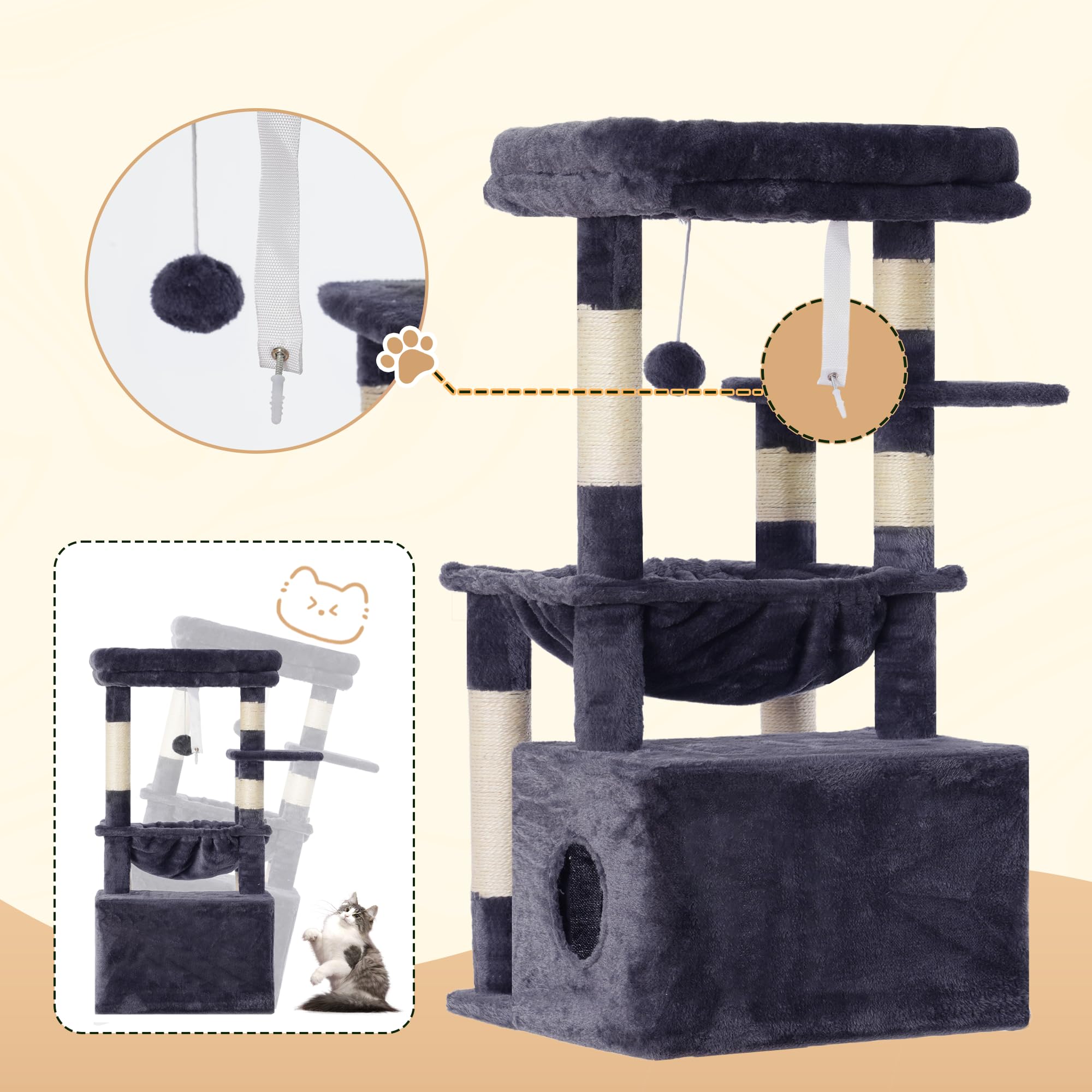 Heybly cat tree dangling ball prompts playful paw taps and interaction