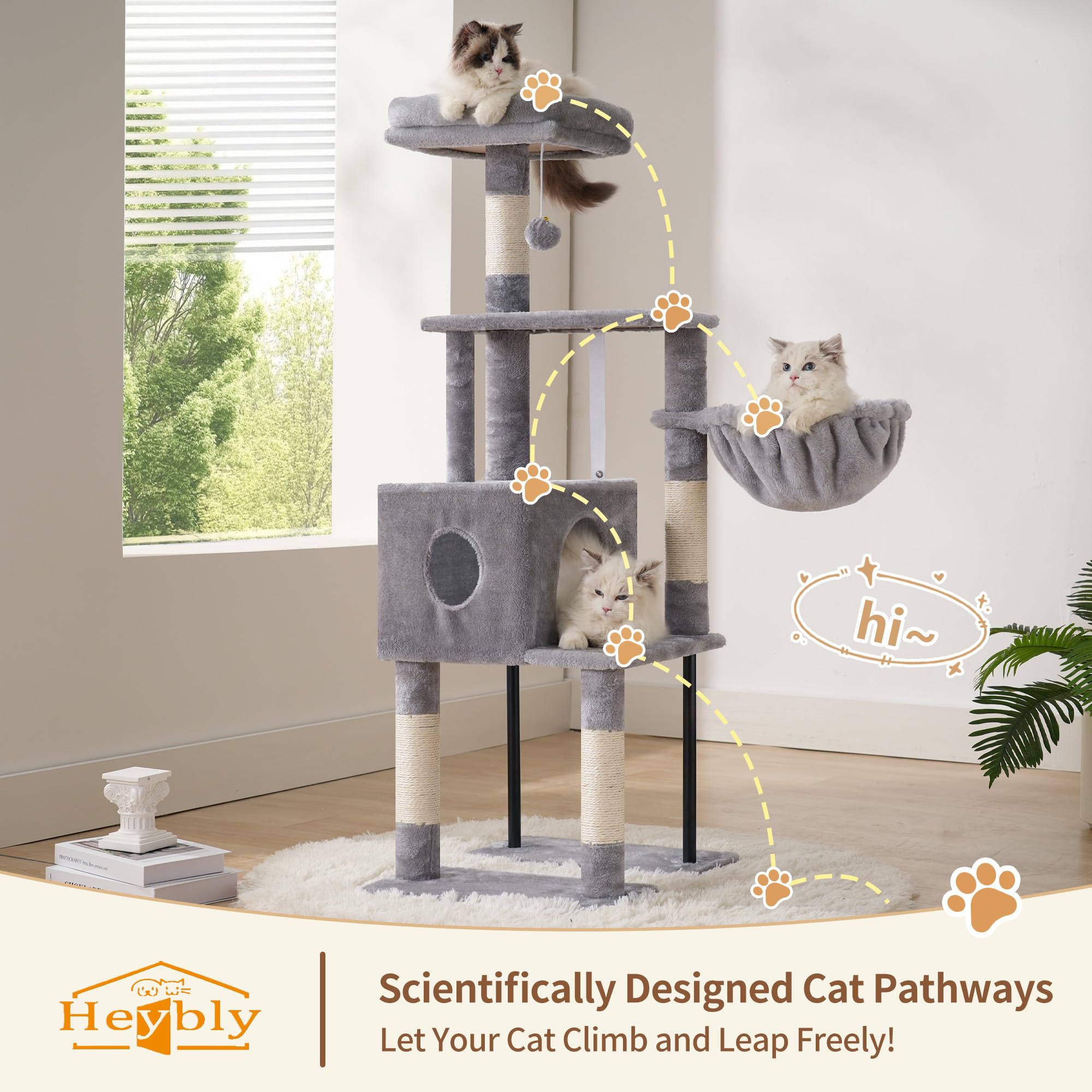Heybly cat tree dual top platforms give two resting spots for multiple cats.