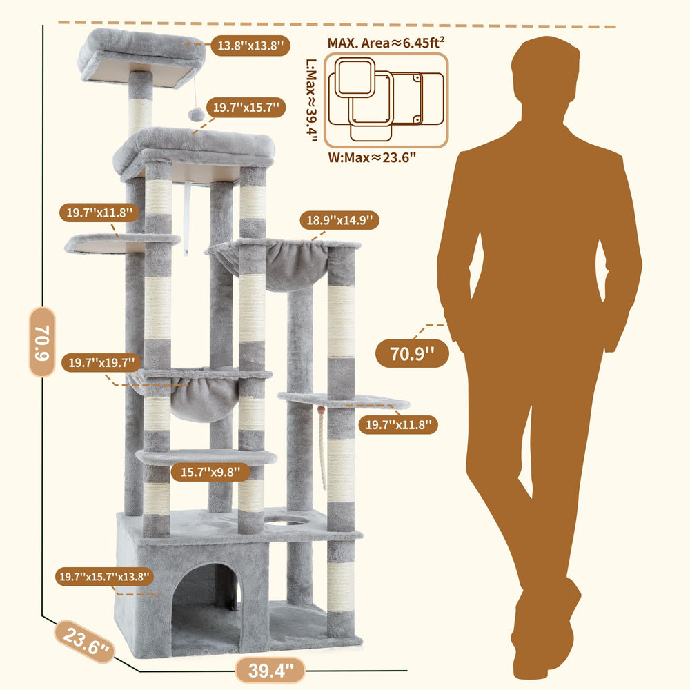 Heybly cat tree full height view showcases tall structure.
