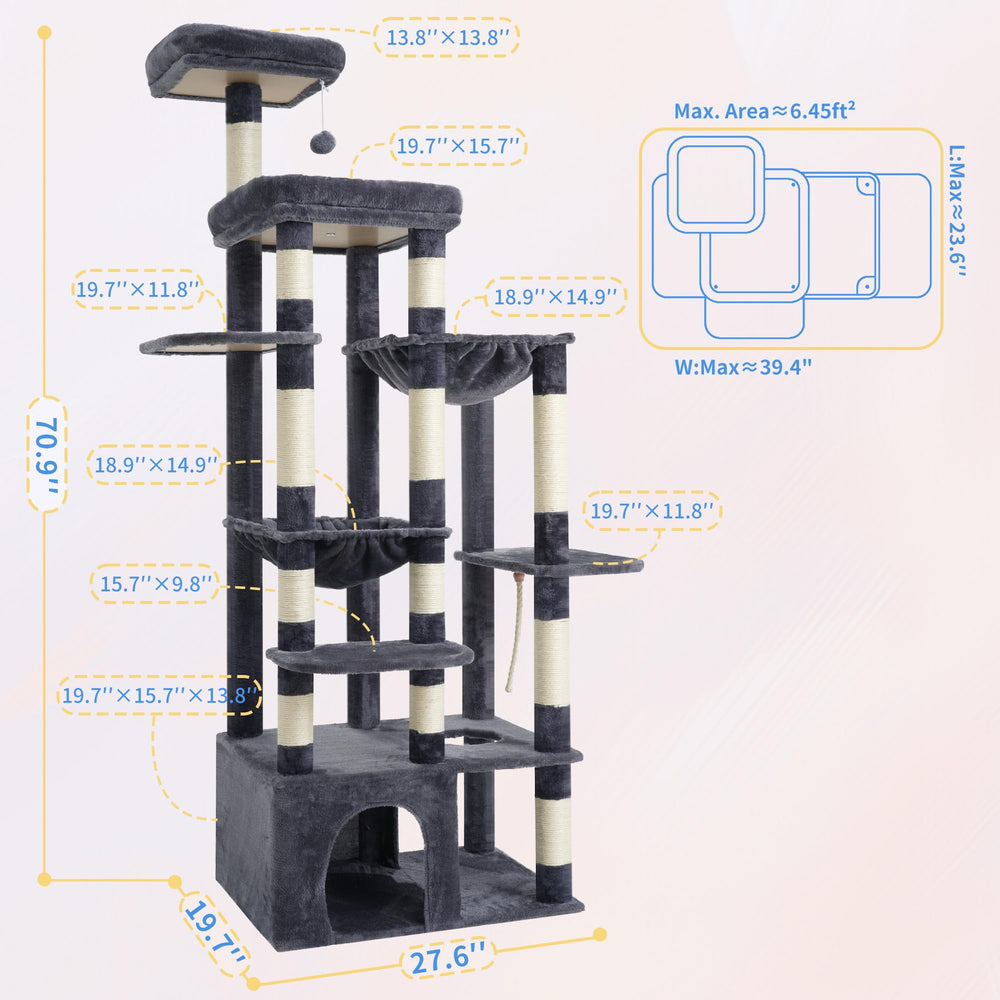 Heybly cat tree hammocks closeup shows plush comfort and metal frame.