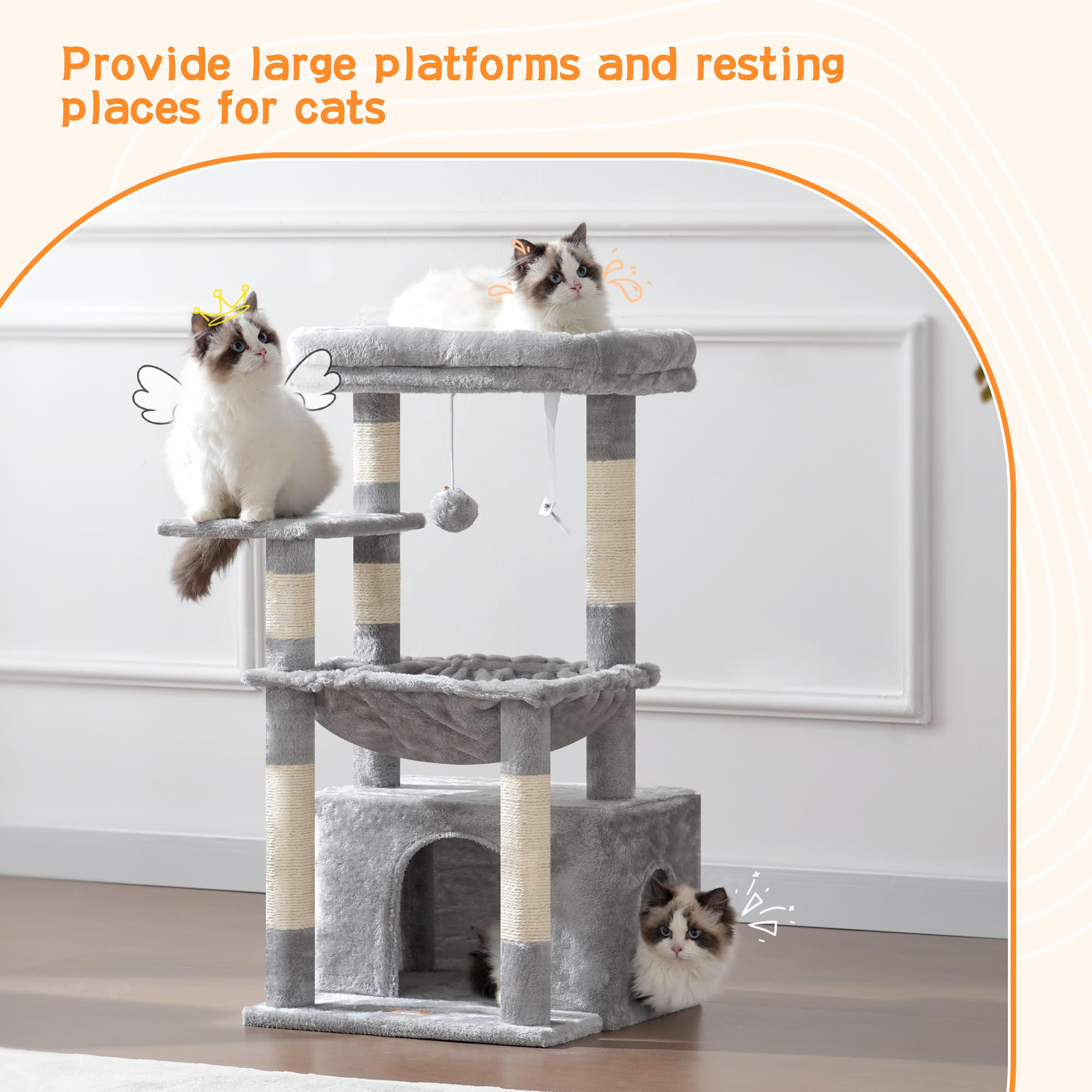 Heybly Cat Tree—large basket inside offers cozy retreat for cats.