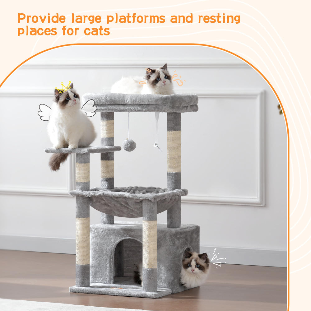 Heybly Cat Tree—large basket inside offers cozy retreat for cats.