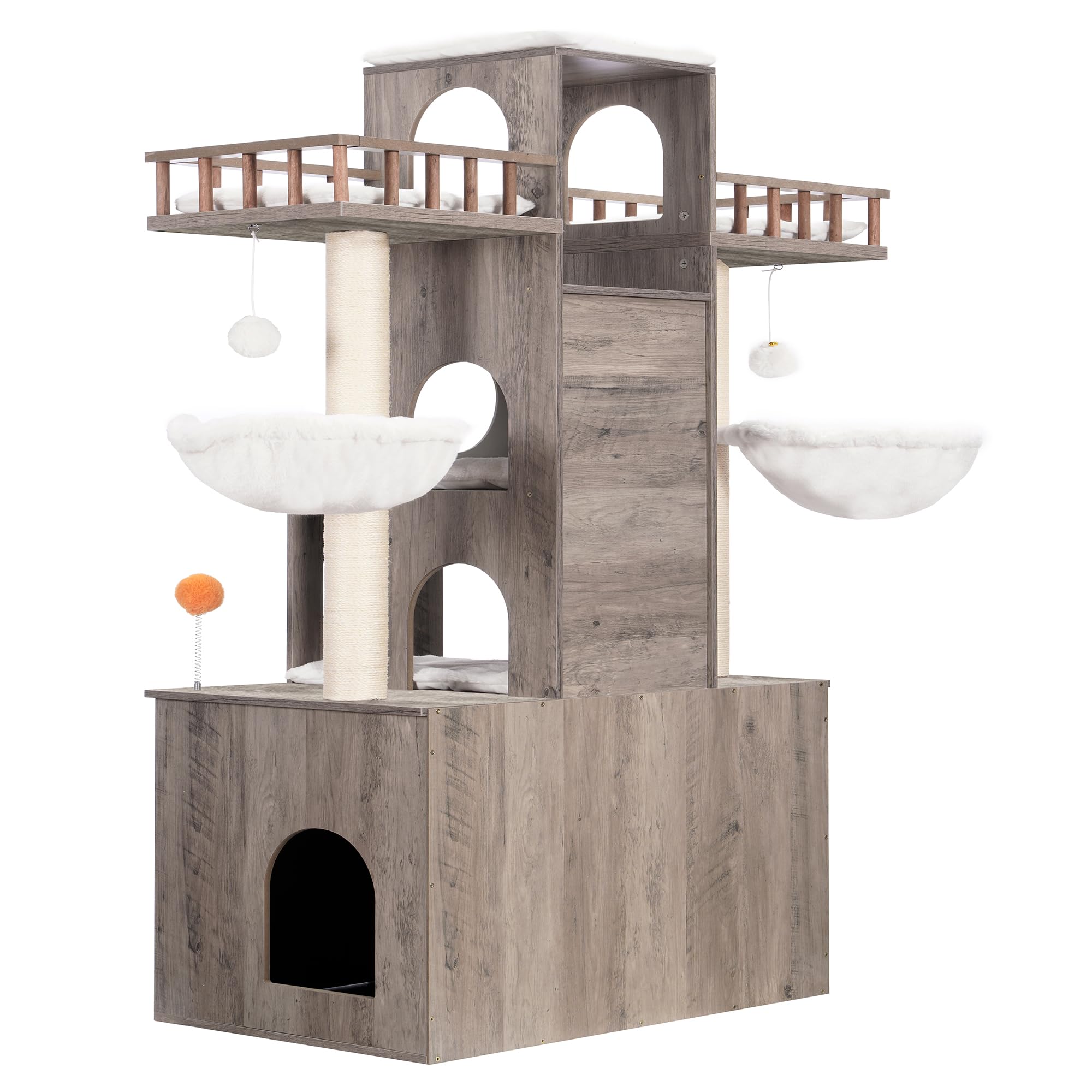Heybly cat tree litter box enclosure keeps the litter area discreet with a vented, magnetic-door design.