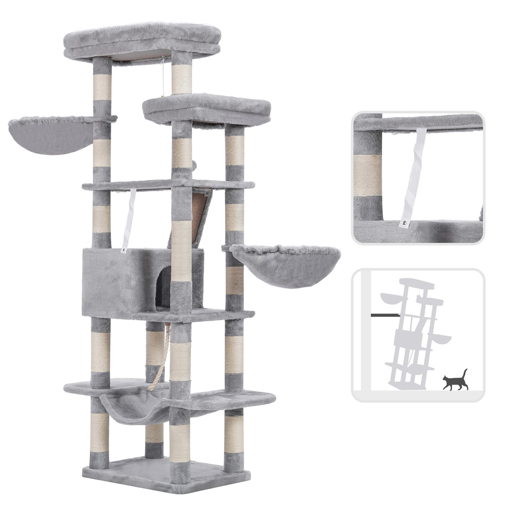 Heybly Cat Tree multi-level design highlights sturdy construction and climbing options.