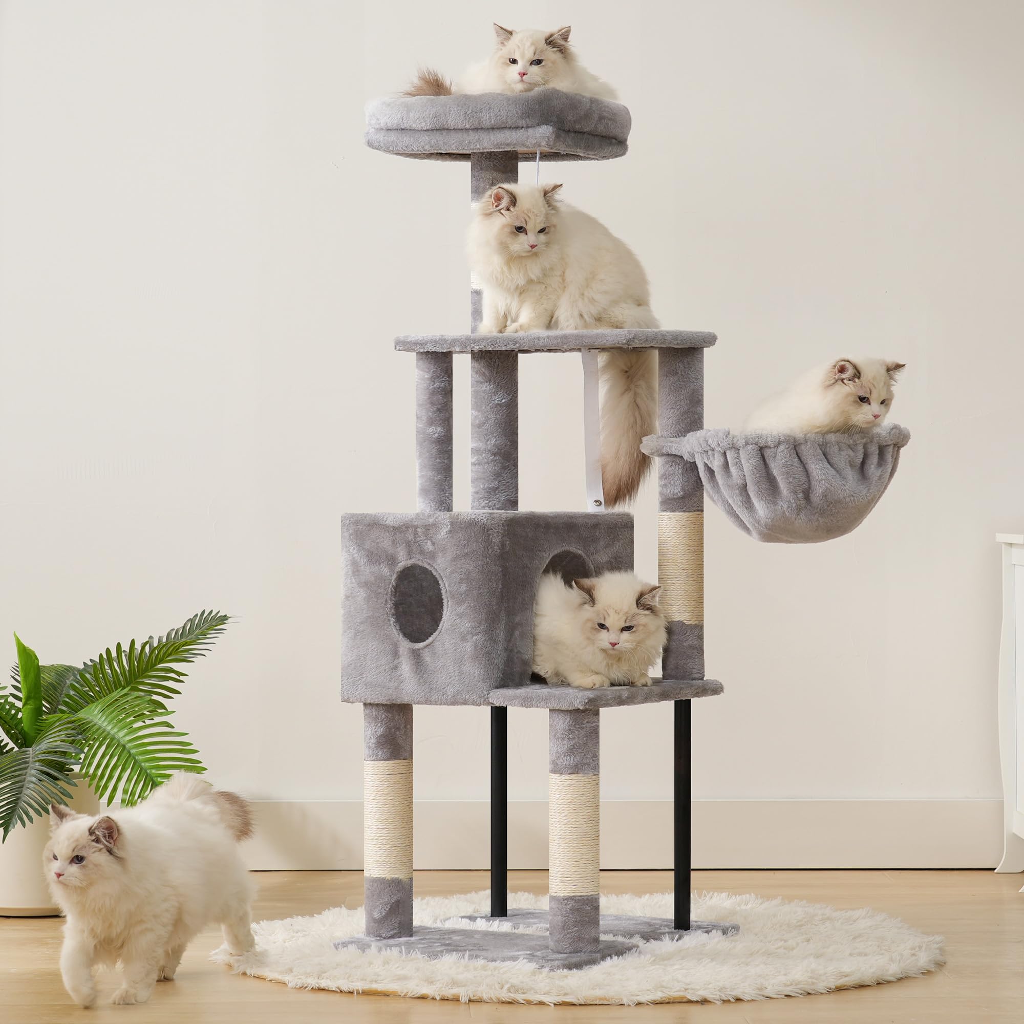 Heybly cat tree plush top perches invite soft lounging and room view.
