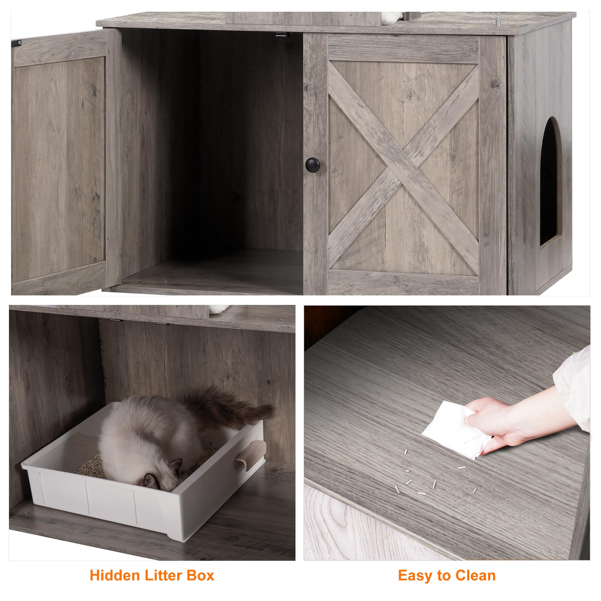 Heybly cat tree rustic gray finish blends with modern interiors while providing a cozy feel.