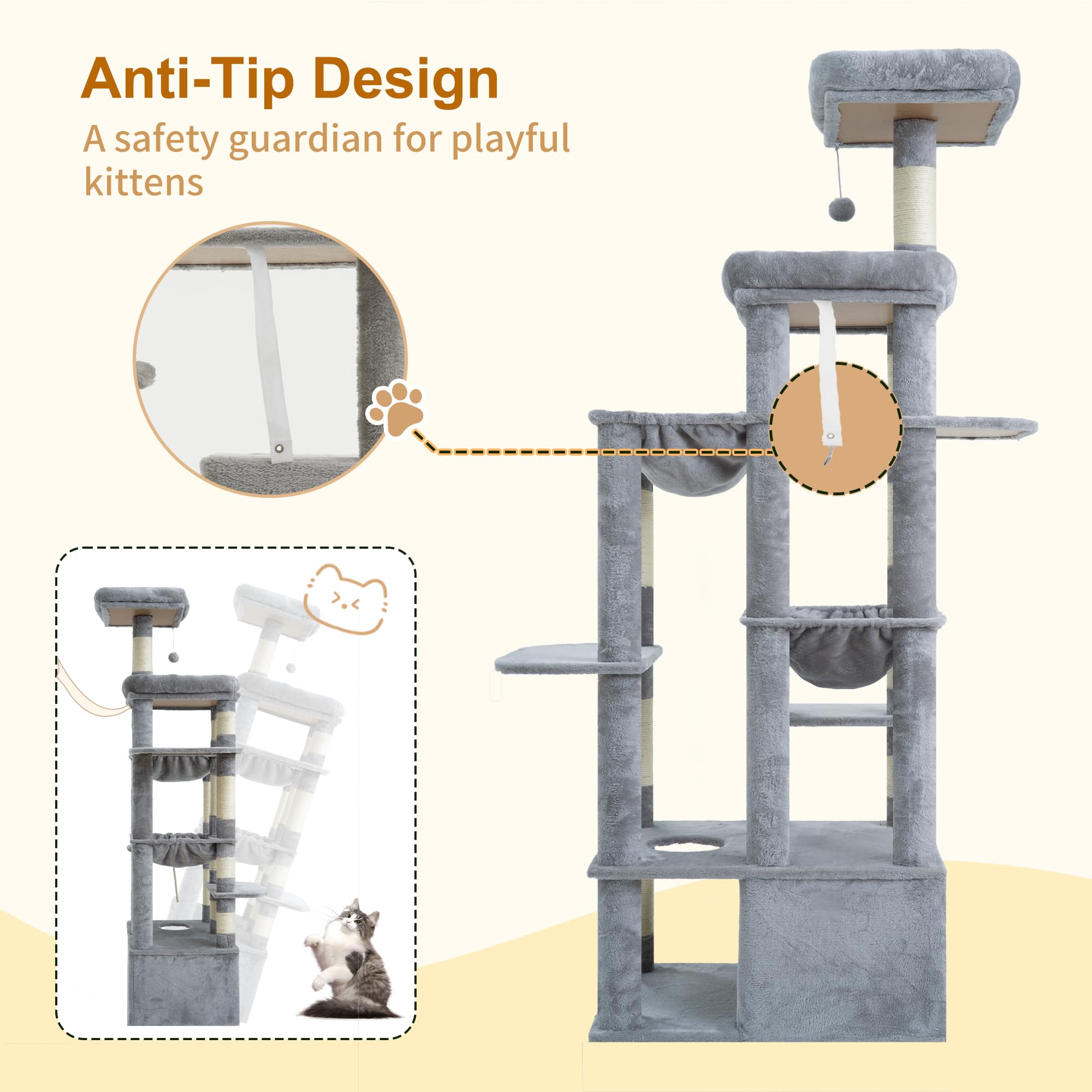 Heybly cat tree side hideouts create quiet retreat spaces.