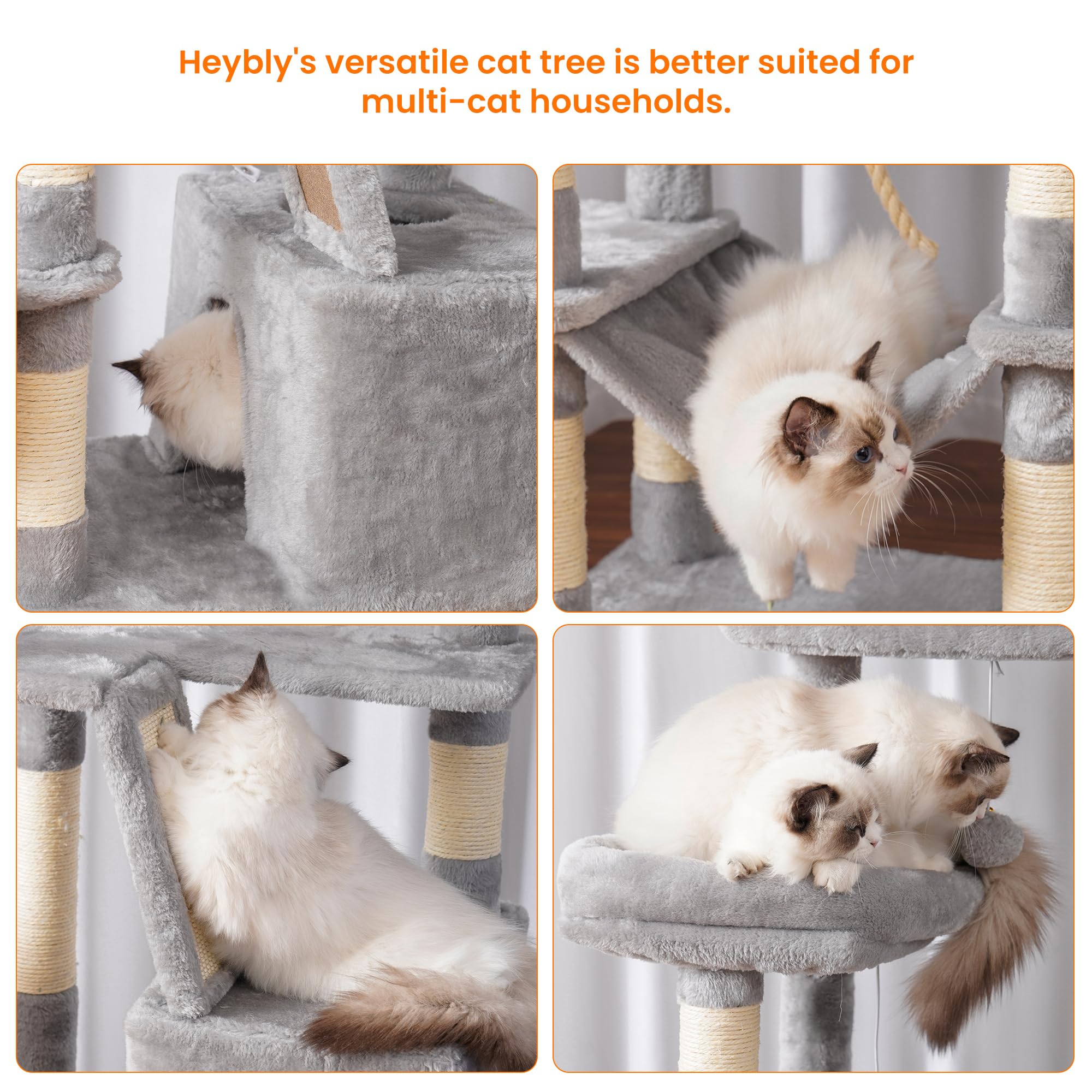 Heybly Cat Tree sisal posts with scratching board offer durable claw sharpening.