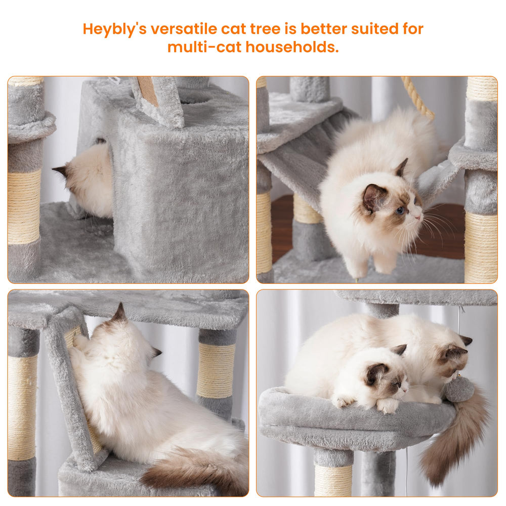 Heybly Cat Tree sisal posts with scratching board offer durable claw sharpening.