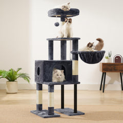 Heybly cat tree smoky gray hidden space provides snug retreat.