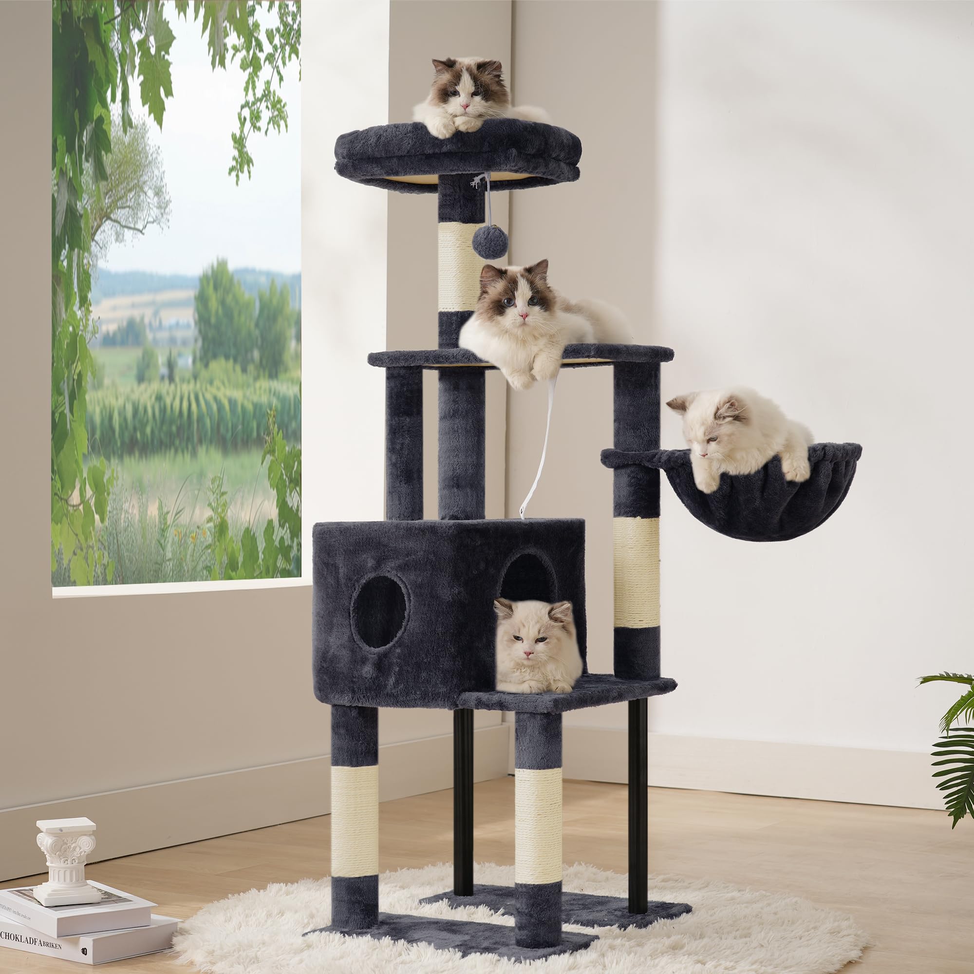 Heybly cat tree smoky gray sisal scratching posts encourage healthy scratching.