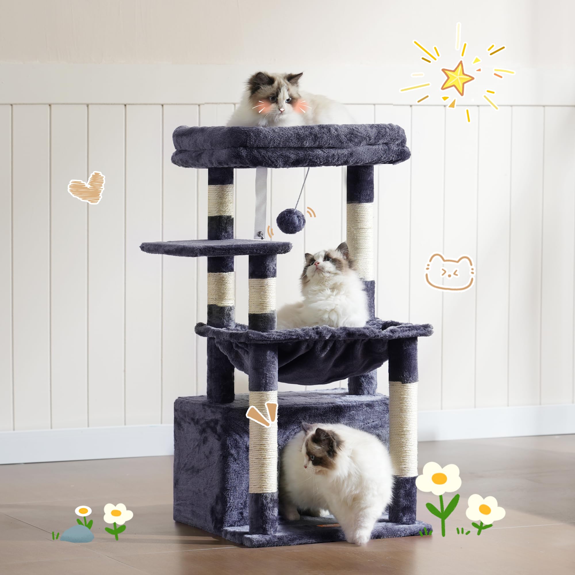 Heybly cat tree smoky gray finish complements modern living rooms