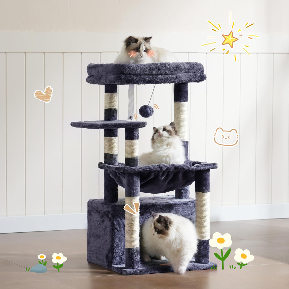 Heybly cat tree smoky gray finish complements modern living rooms