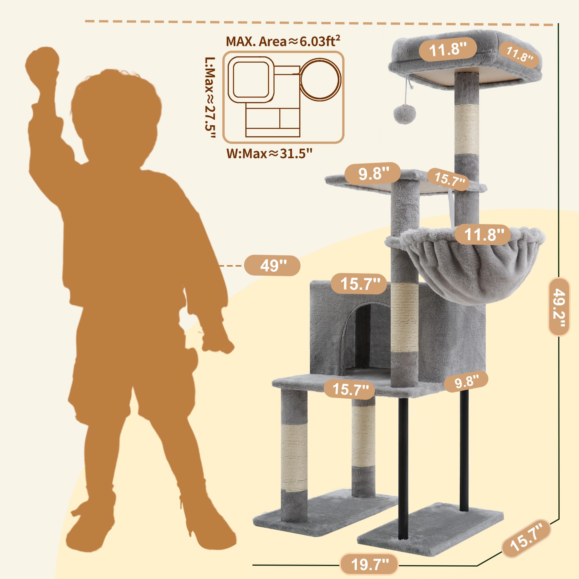 Heybly cat tree sturdy iron pipe base ensures solid stability during playful jumps.