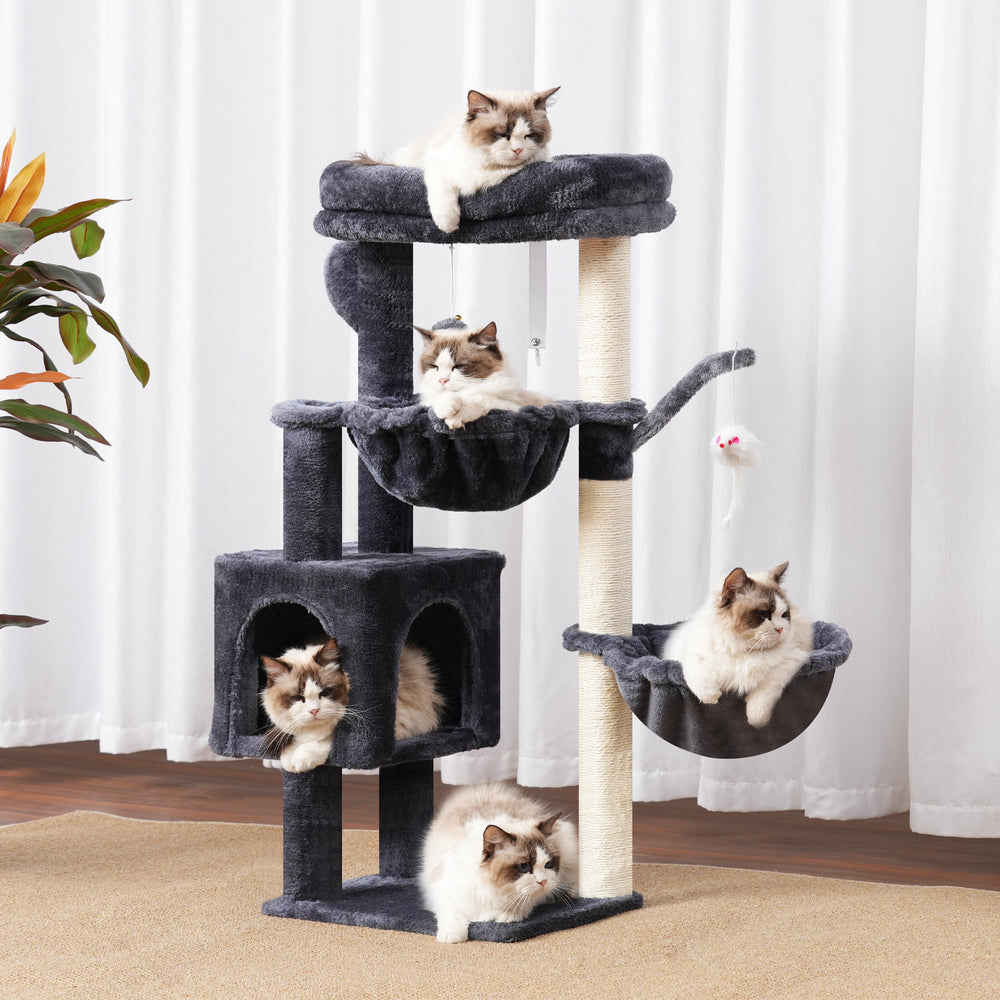 Heybly cat tree featuring two hanging baskets for cozy cat naps.