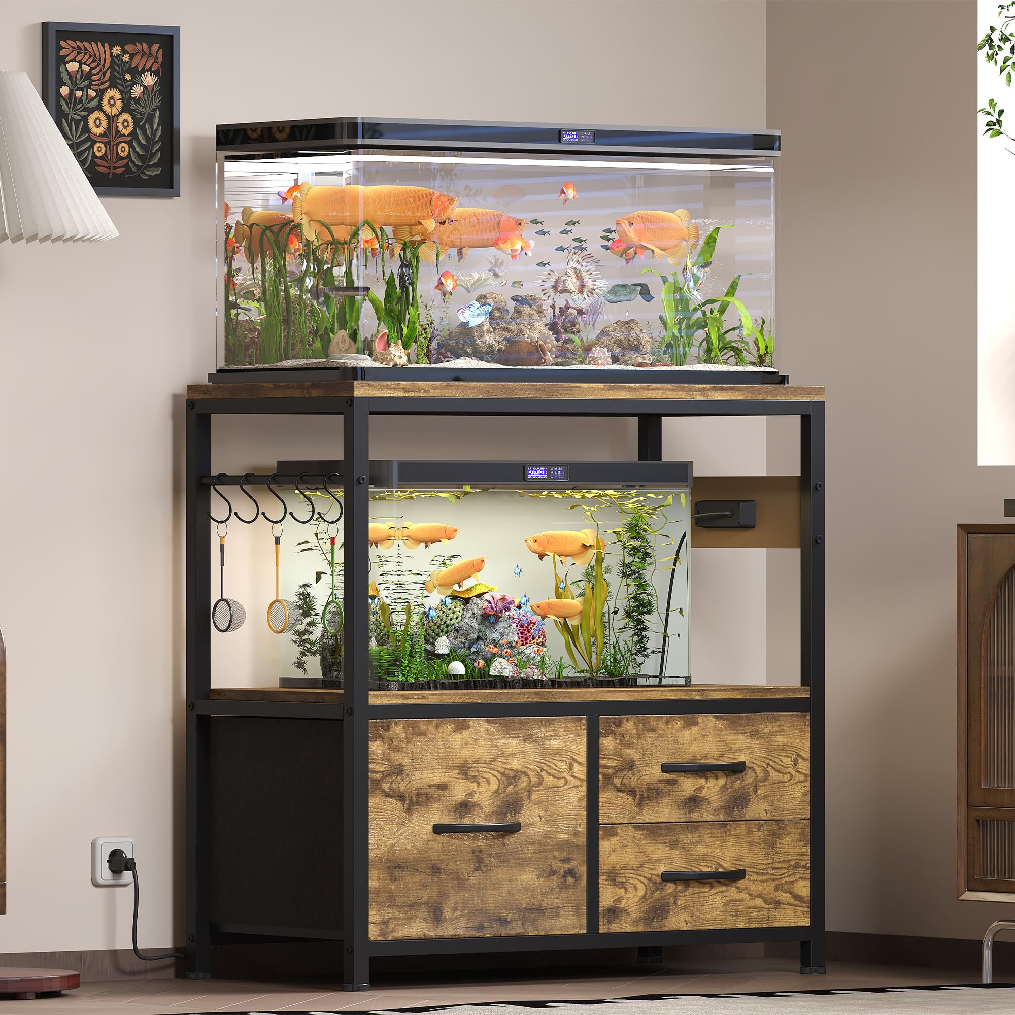 Heybly fish tank stand drawer close-up highlights organized storage for meds, foods, and tools