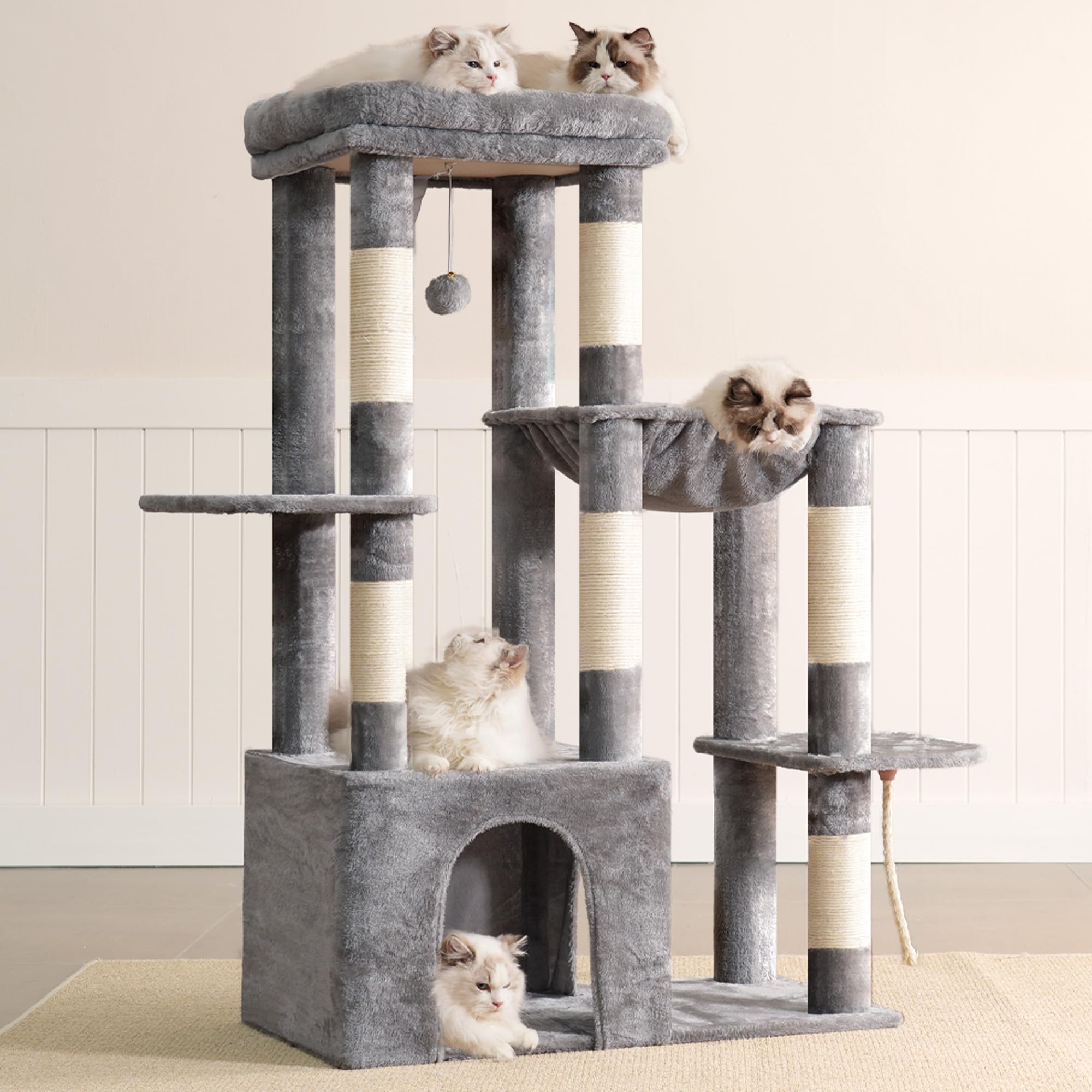 Heybly heavy duty cat tree side view highlights tall stable silhouette.