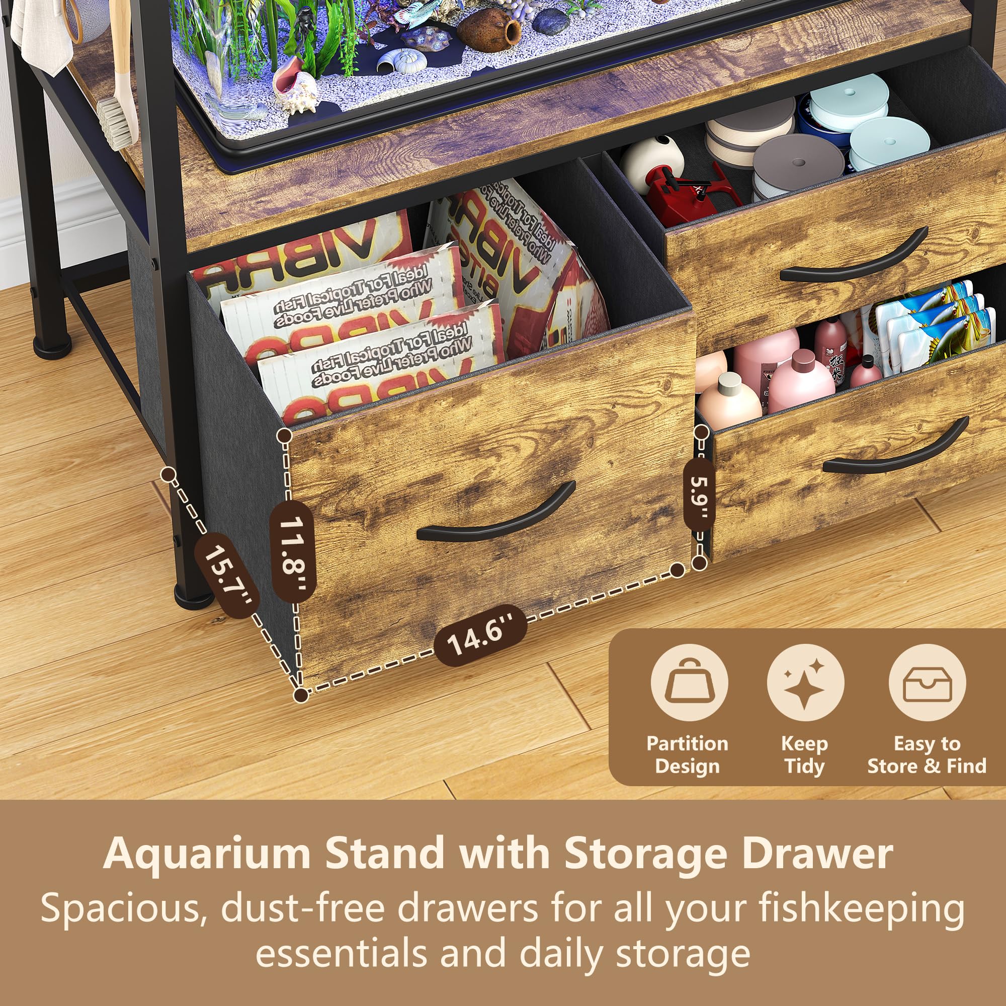 Heybly rustic brown finish blends with home decor while housing aquatic habitats