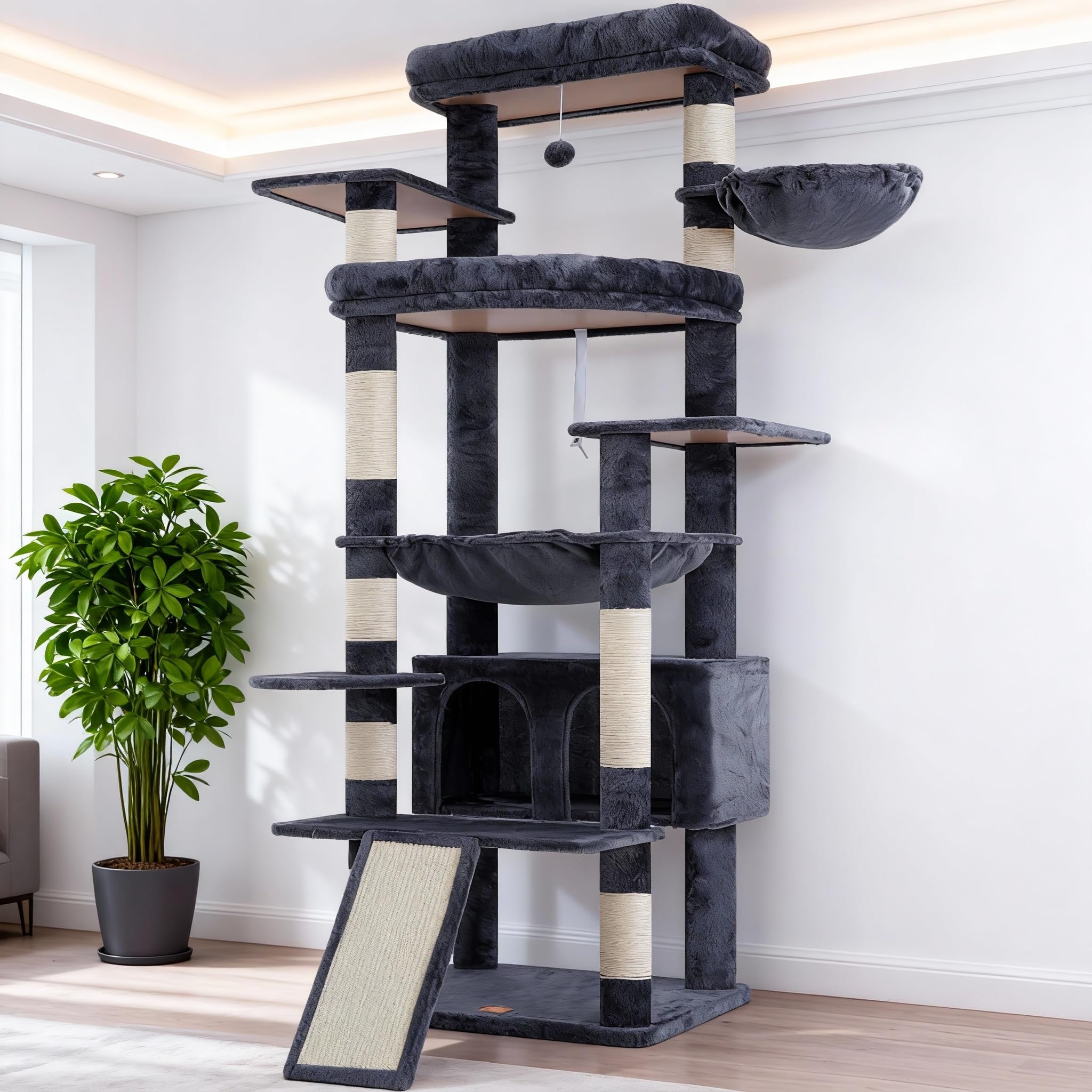 Heybly tall cat tree with oversized base plate for stable use with large cats.