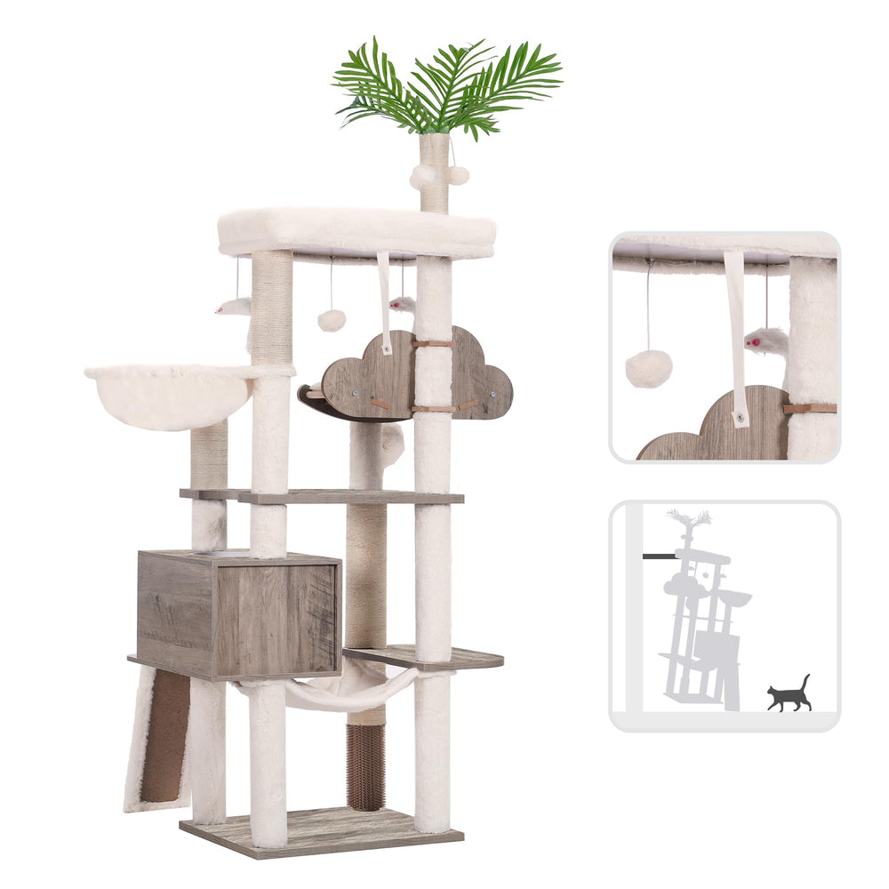 Heybly wood cat tree durable construction supports playful indoor cats.