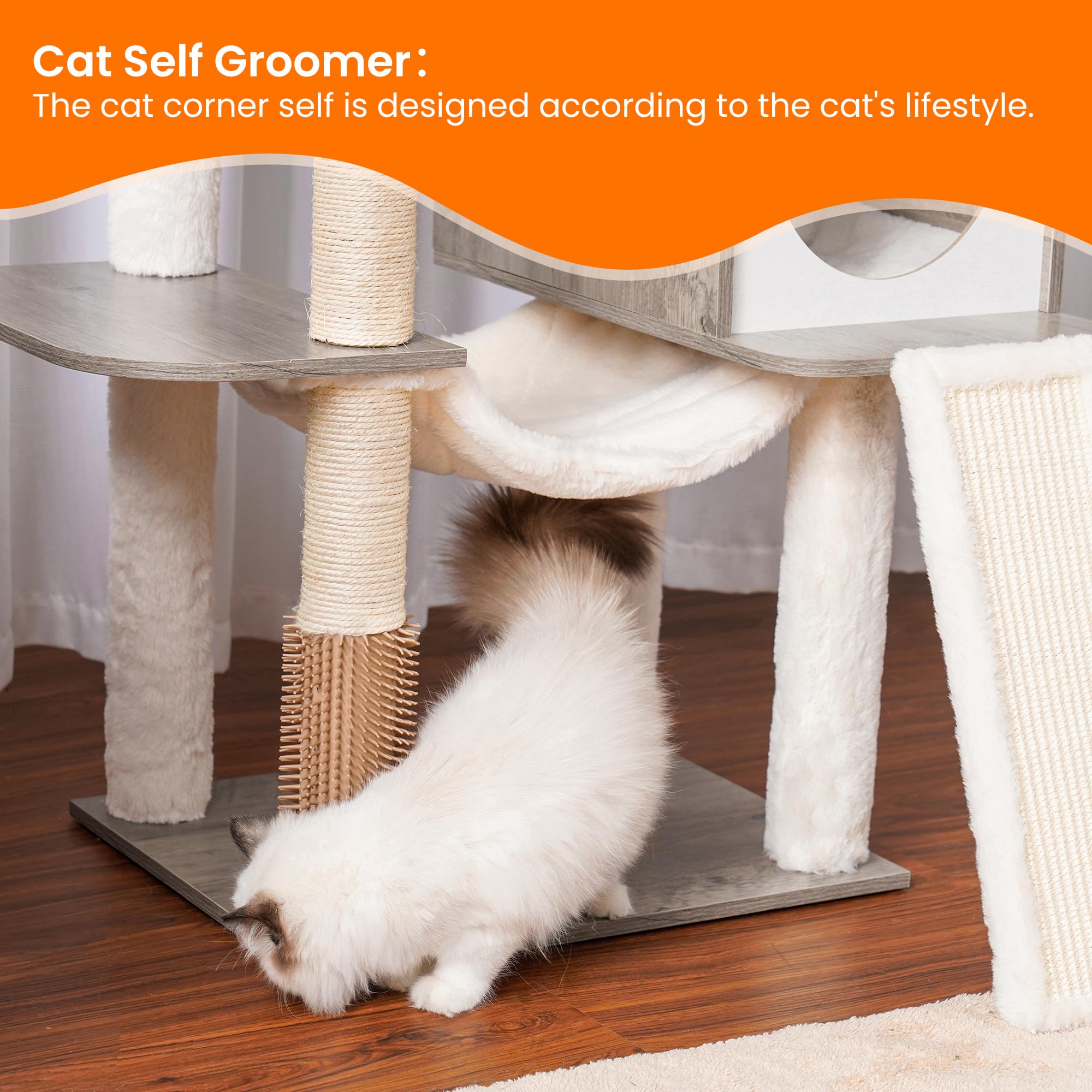 Heybly wood cat tree rustic gray finish blends with home decor.