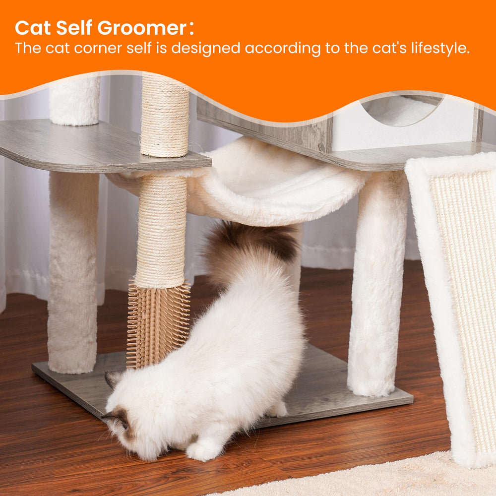 Heybly wood cat tree rustic gray finish blends with home decor.