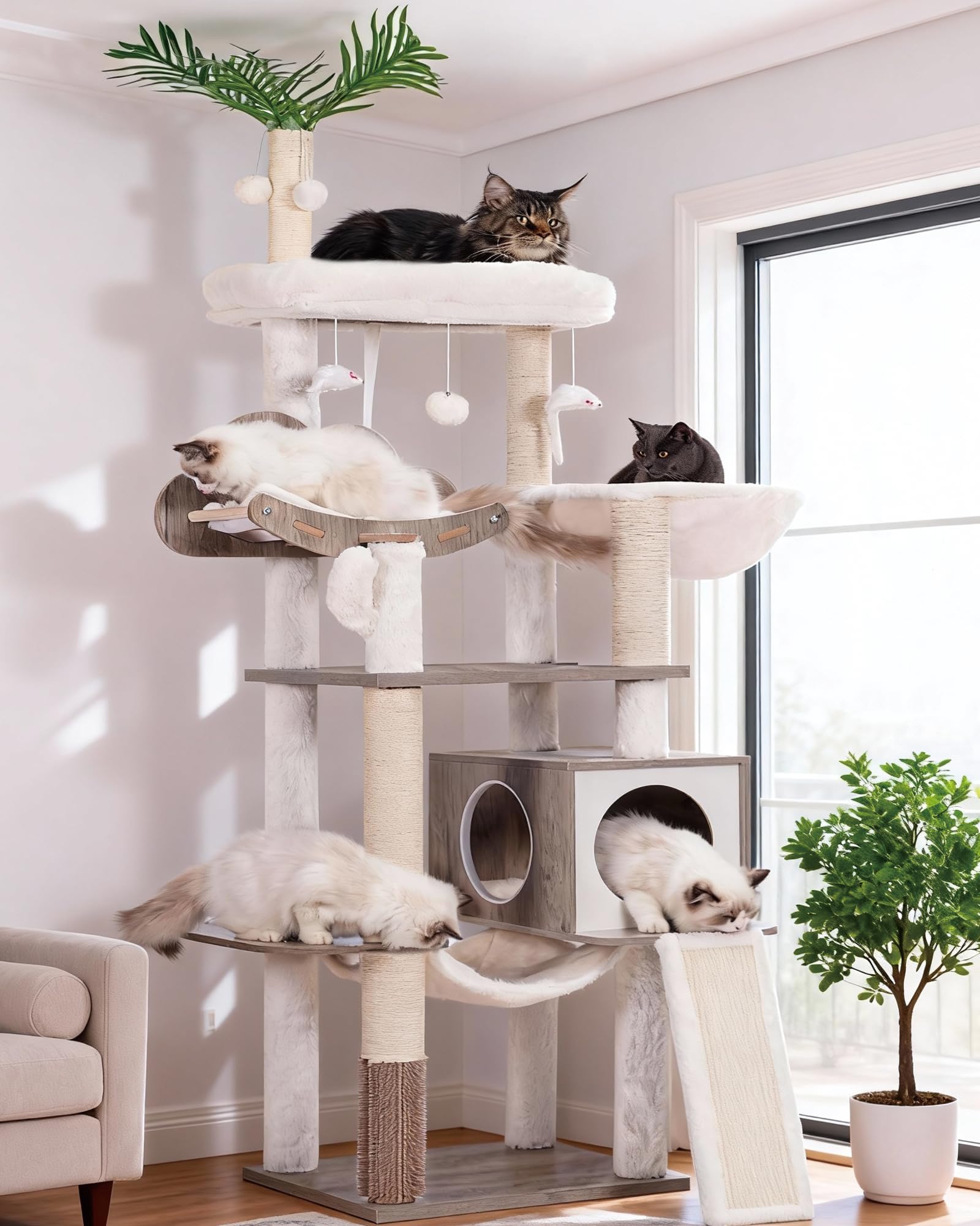 Heybly wood cat tree indoor perch shows rustic gray finish for large cats.