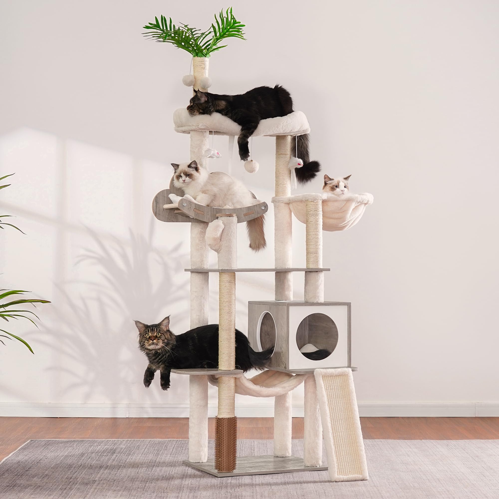 Heybly wood cat tree self-groomer massage highlights grooming feature.