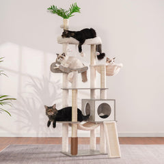Heybly wood cat tree self-groomer massage highlights grooming feature.