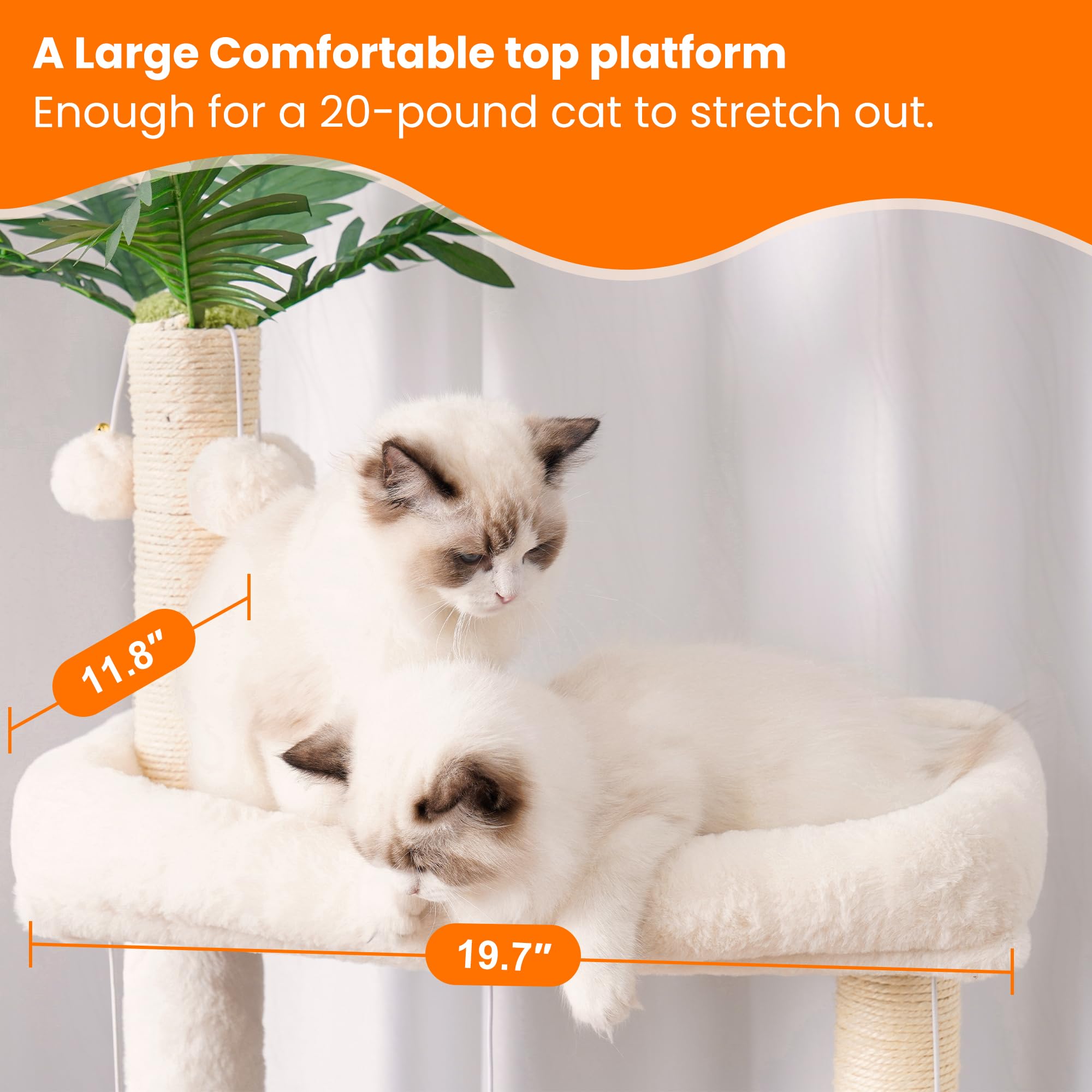 Heybly wood cat tree two-pillars hanging basket provides stable cozy nap spot.