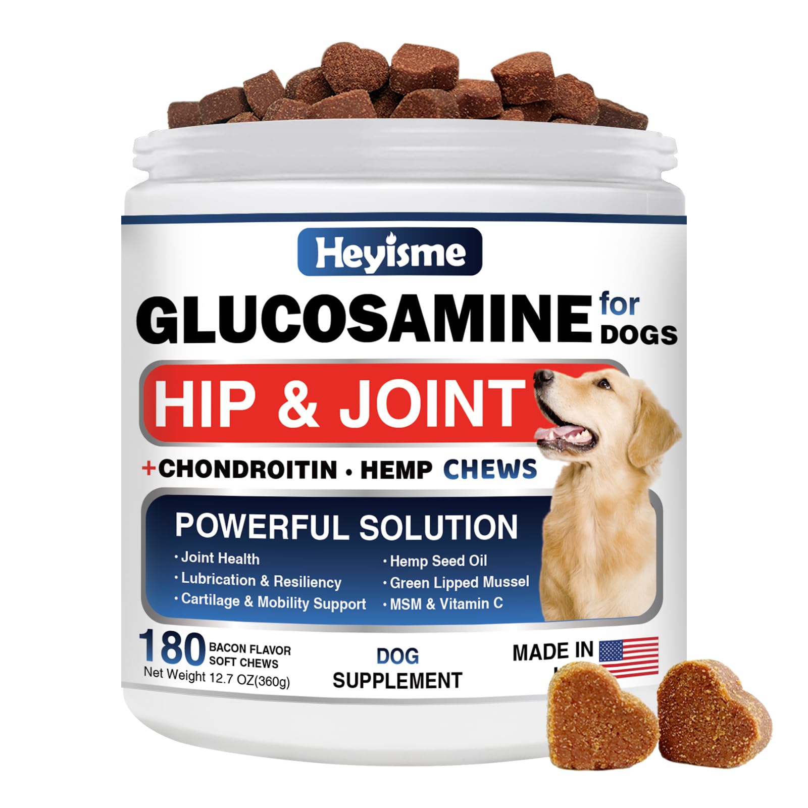 HEYISME glucosamine for dogs bacon chews in bottle support joint health