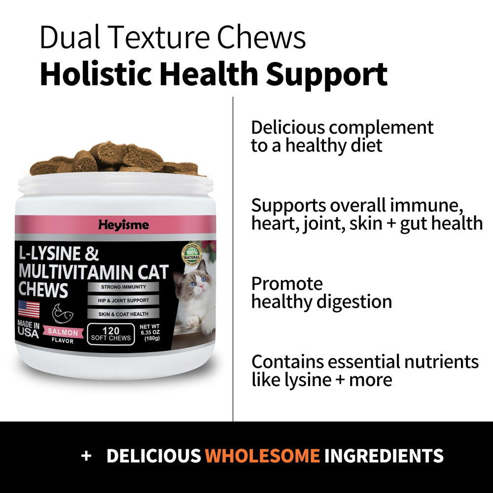 HEYISME Lysine pills closeup emphasizes L-Lysine and omega-3 ingredients for feline health.