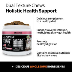 HEYISME Lysine pills closeup emphasizes L-Lysine and omega-3 ingredients for feline health.